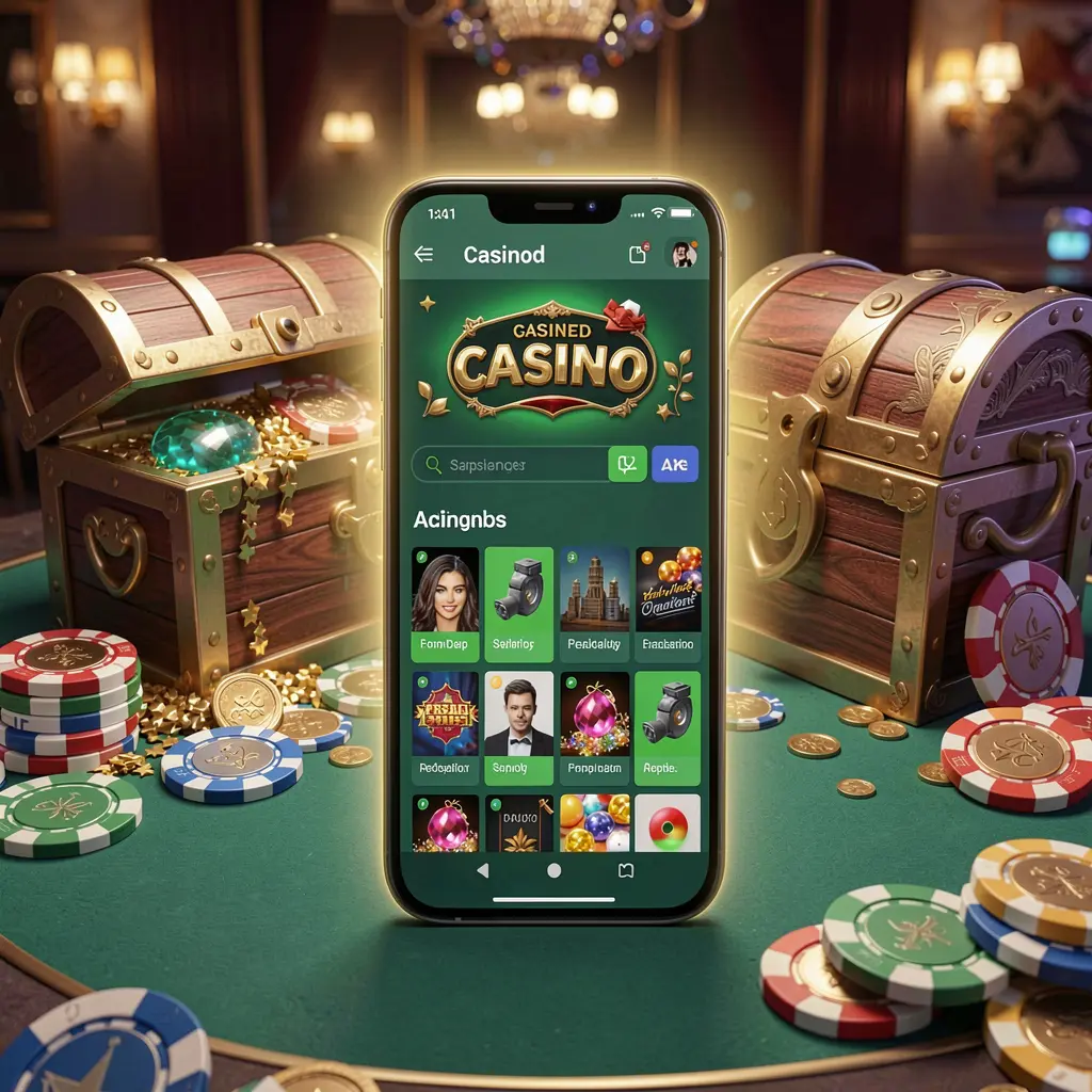 Glowing smartphone displaying the 558HB Casino APK app with Android-style layout, surrounded by a treasure chest, chips, and coins in a luxury 3D render