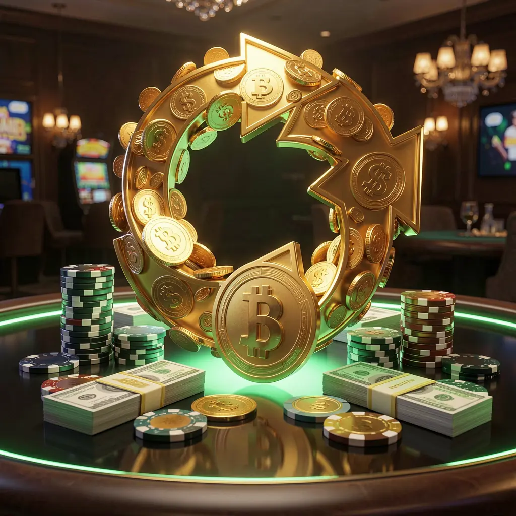 558HB casino cashback bonus visual showing golden coins returning in a circular arrow motion with poker chips and cash bundles on a glossy dark table with glowing green and gold accents in a premium online casino style