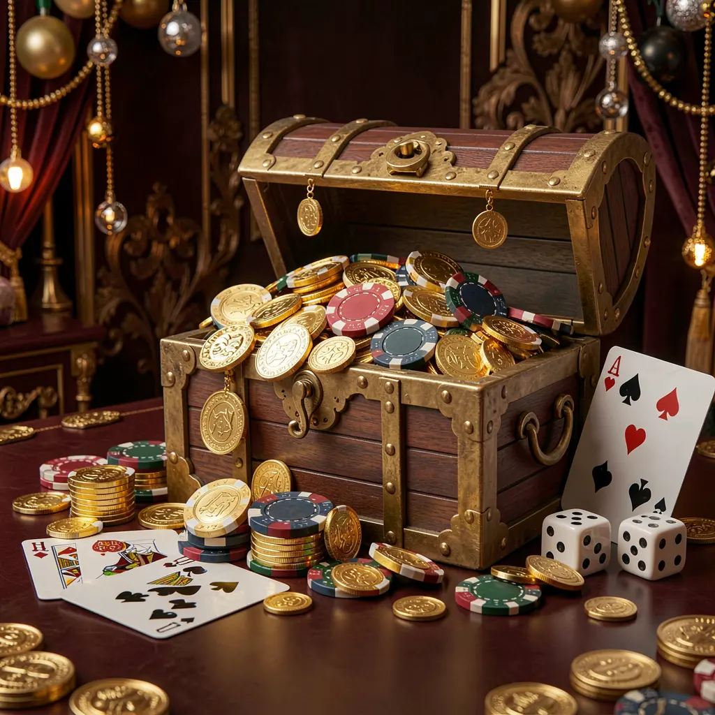 558HB online casino welcome banner featuring a treasure chest filled with golden coins and casino chips, playing cards and dice nearby against a dark luxury background with a festive premium atmosphere